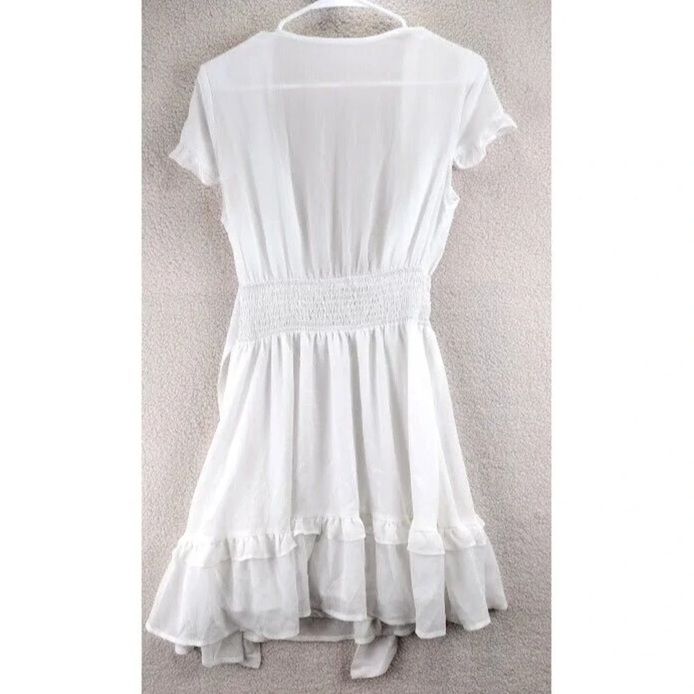 Cottagecore Puff Sleeve Tie Front Ruffle Mini Dress Smocked Waist Womens S White